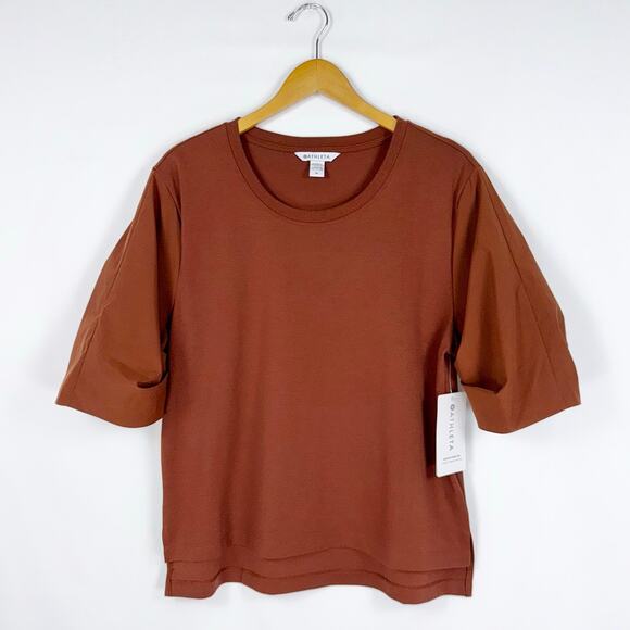 Athleta Women's Harlow Hybrid Woven Knit Tee Top Medium Rust - Picture 2 of 16